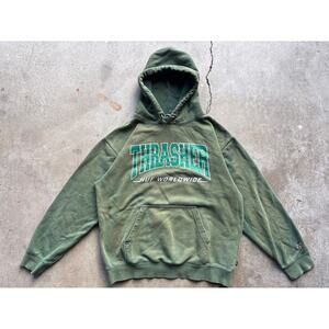 Thrasher X HUF worldwide Bleach dyed pentagram green grunge hoodie L